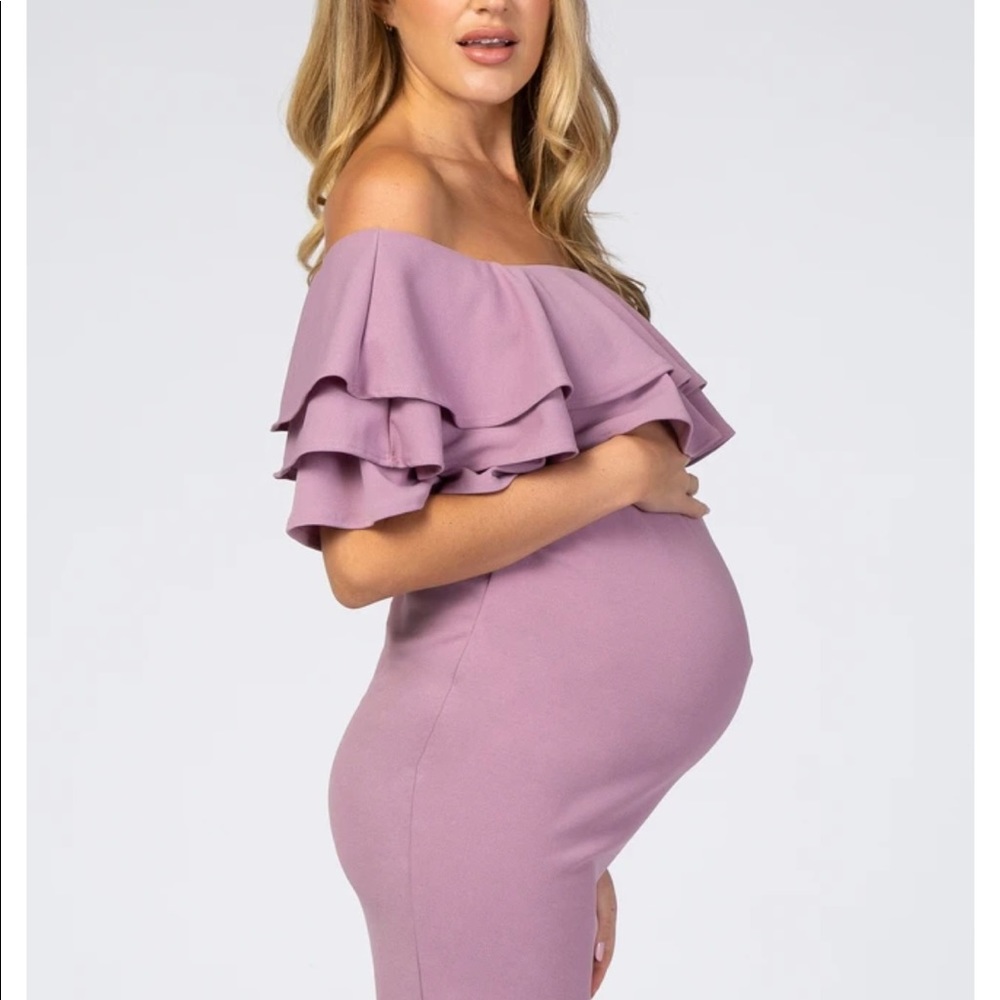 Pink blush Maternity violet layered ruffle off shoulder - Picture 5 of 6